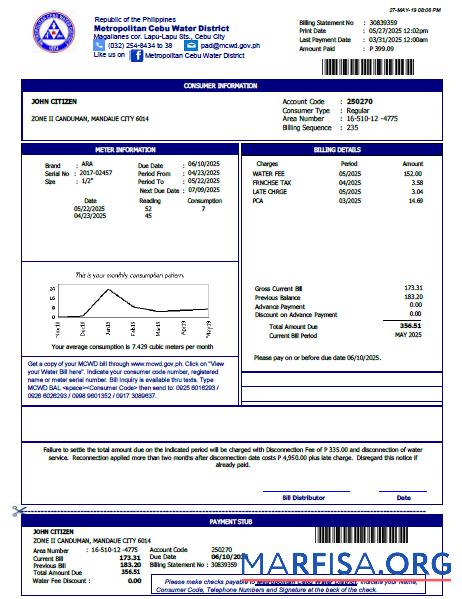 Downloadable Philippines Metropolitan Cebu Water District utility bill template in Word and PDF formats, version 2